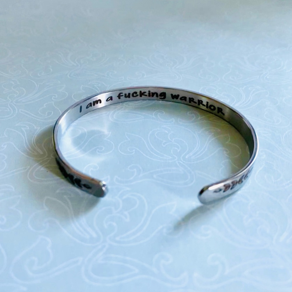 Silver Bracelet w Hidden message “I am a f*cking warrior” bangle cuff jewelry - Picture 6 of 6